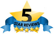 5 Star Reviews icon with gold stars and blue ribbon