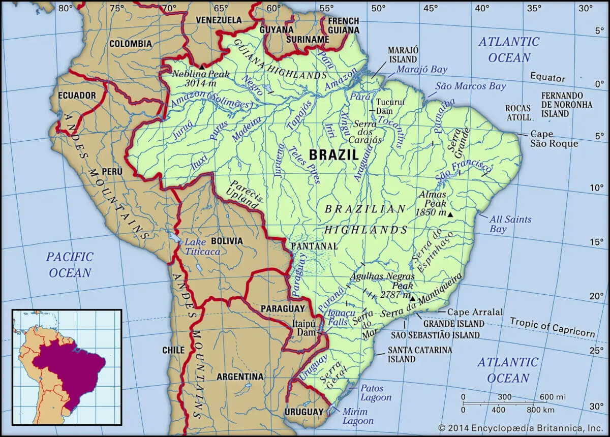 Map of Brazil in South America.
